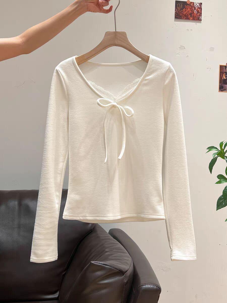 

German velvet pure desire wind lace splicing lace-up long-sleeved T-shirt girls autumn and winter polished inner bottoming shirt top s (recommended within 50kg ) белый