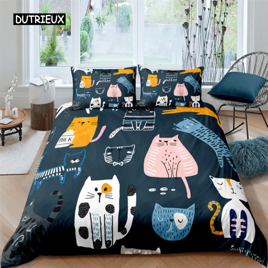 Home Textile Cartoons Cute Cat Quilt Cover Duvet Cover Pillow Case Boy Girl 2/3Pcs Polyester Bedding Set King Queen Twin Size