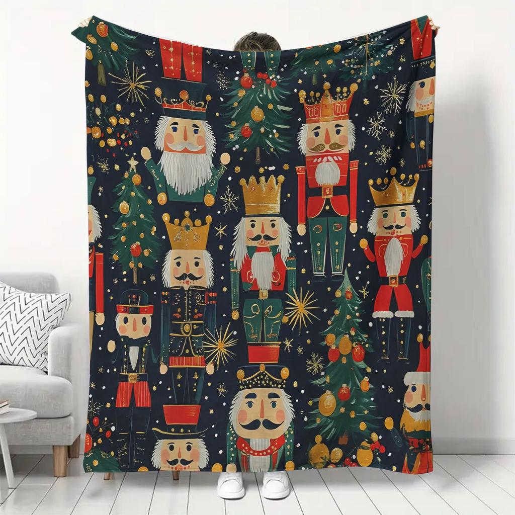 Vintage Nutcracker Flannel Blanket - Soft Polyester Throw for Sofa/Bed, Classic Christmas Decor, All-Season Digital Print Gift