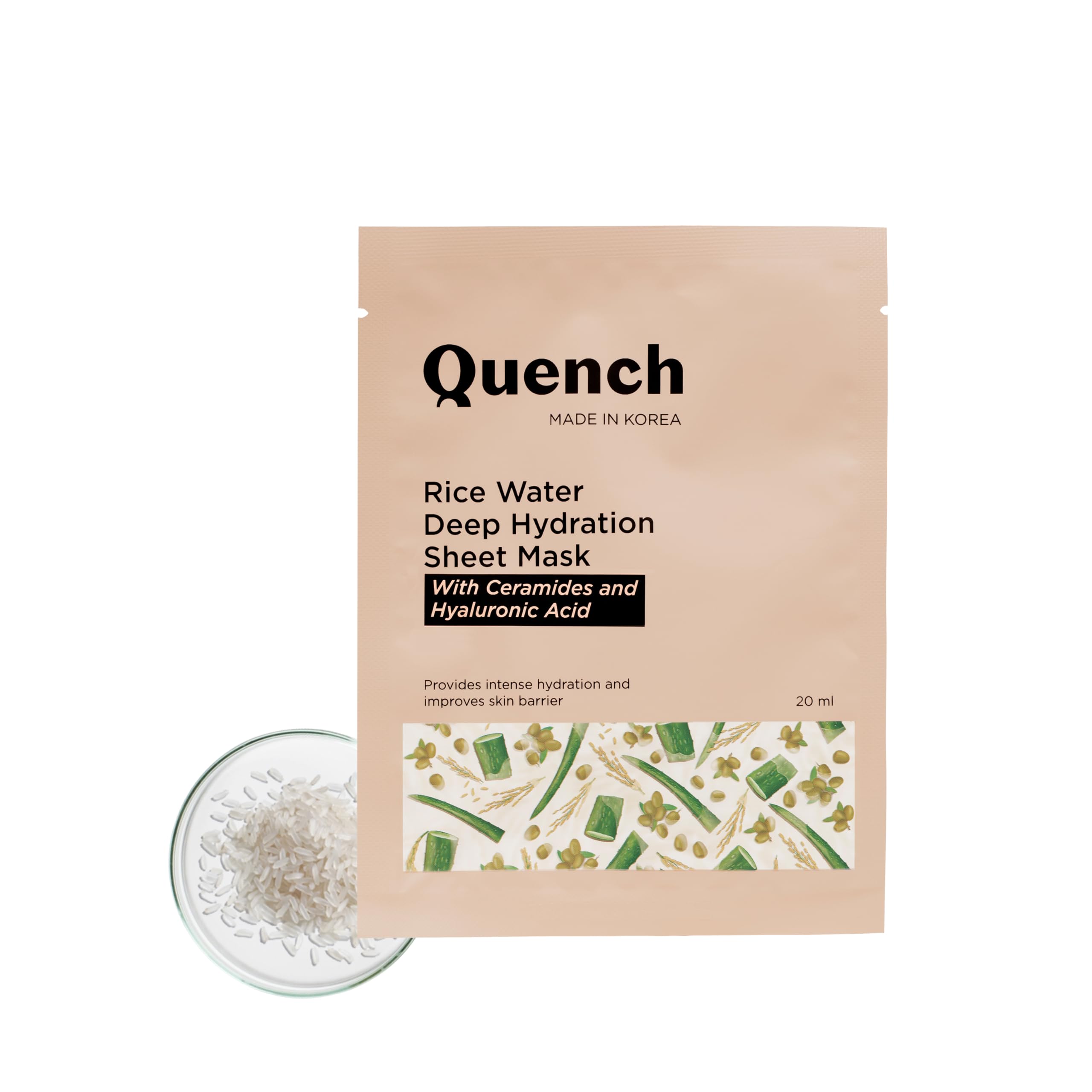 Quench Deep Hydration Korean Sheet Mask with Rice Water, Ceramides & Hyaluronic Acid | Korean Face Mask for Glowing Skin | Hydrates & Instantly Plu