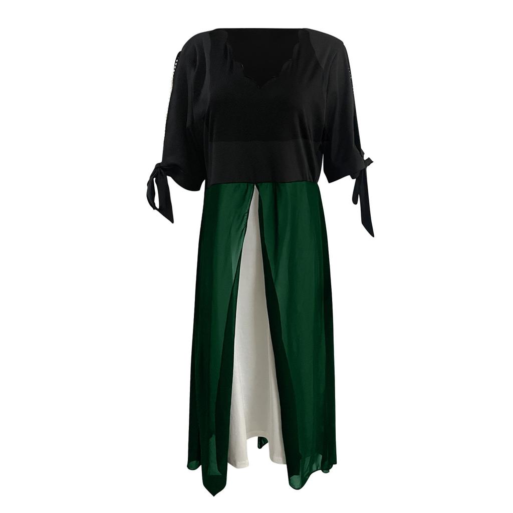 Women Plus Size 3/4 Sleeves V Neck Chiffon Panel Contrast Cocktail Semi Formal Play Dress