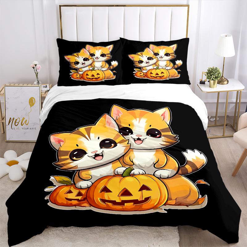 3pcs Two Kittens & Halloween Pumpkin Quilt Cover Set, Polyester Fabric, All-Season Comforter Set For 1 Quilt Cover & 2 Pillowcases