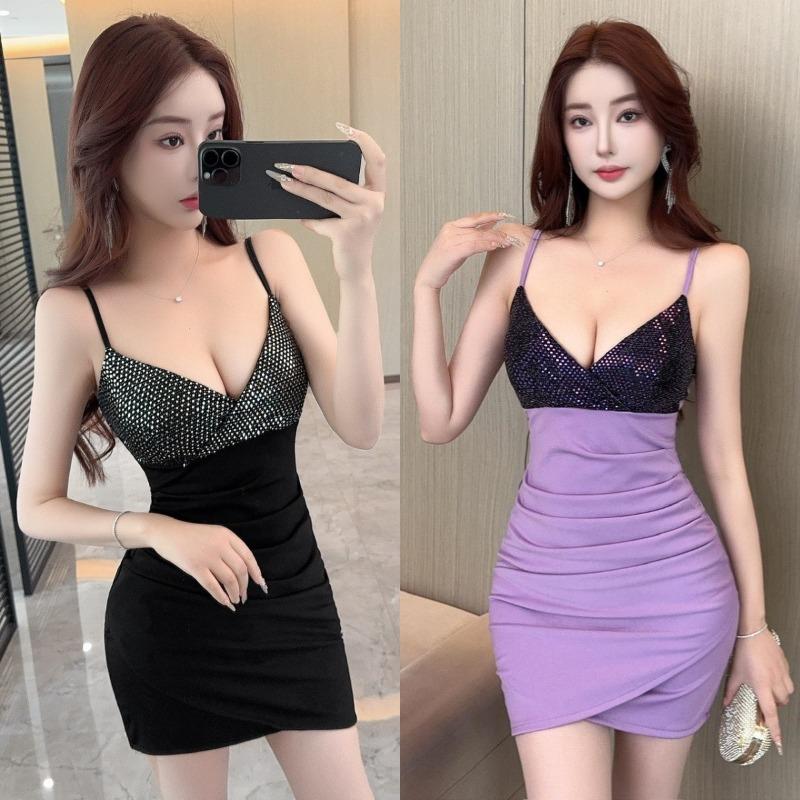 Spice Girl sequined slim-fit suspender dress, new splicing sexy low-cut backless slim hip skirt