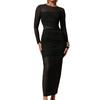 European and American New Round Neck Mesh Stitching Solid Color Slim-fitting Hip-wrapped Pleated Edge Women's Long Group