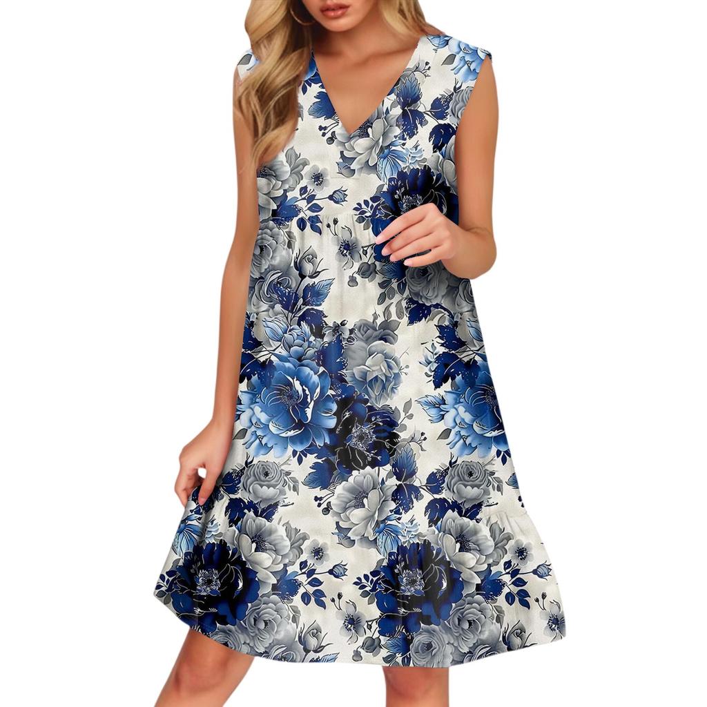 Women's Casual Fashion Breathable V-neck Vest With Pockets Floral Holiday Dress