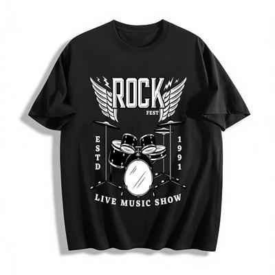 Rock Style Drum Kit Graphic Casual Short Sleeve T-Shirt Pure Cotton T-shirt