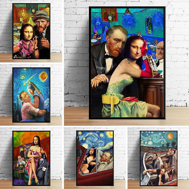 

Забавные персонажи Ван Гог и Мона Лиза Картина на холсте Абстрактное искусство Плакаты и принты Настенная картина Декор для дома в гостиную