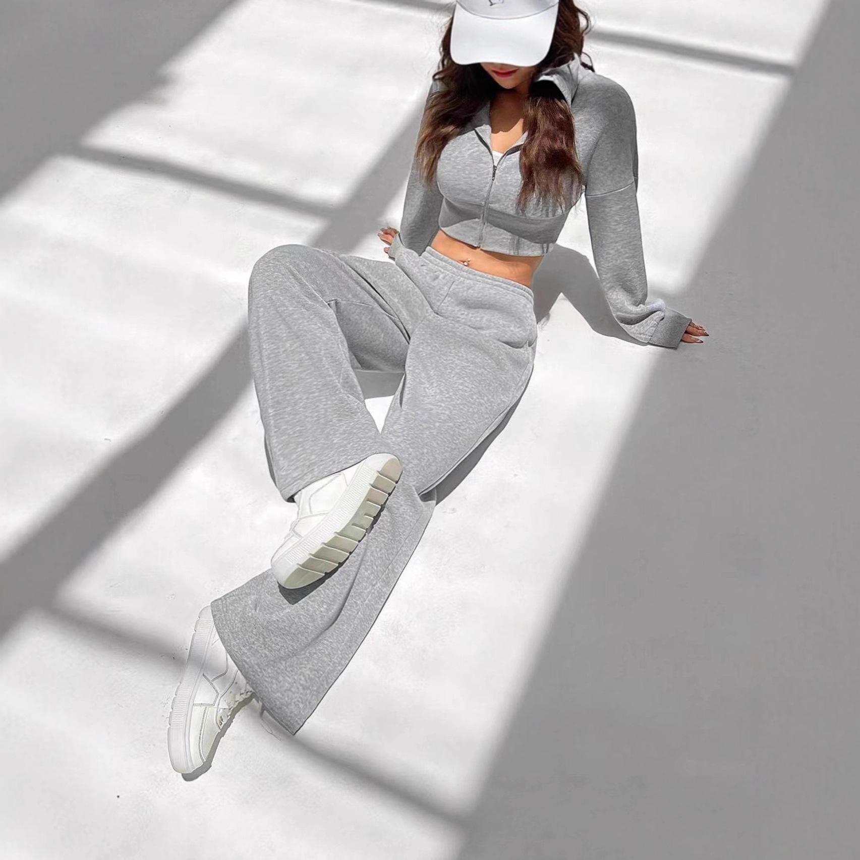 

Повсякденний жіночий худі-костюм, худі, кардиган на блискавці з довгими рукавами, худі, спортивні еластичні довгі штани, набір з двох предметів S світло-сірого кольору