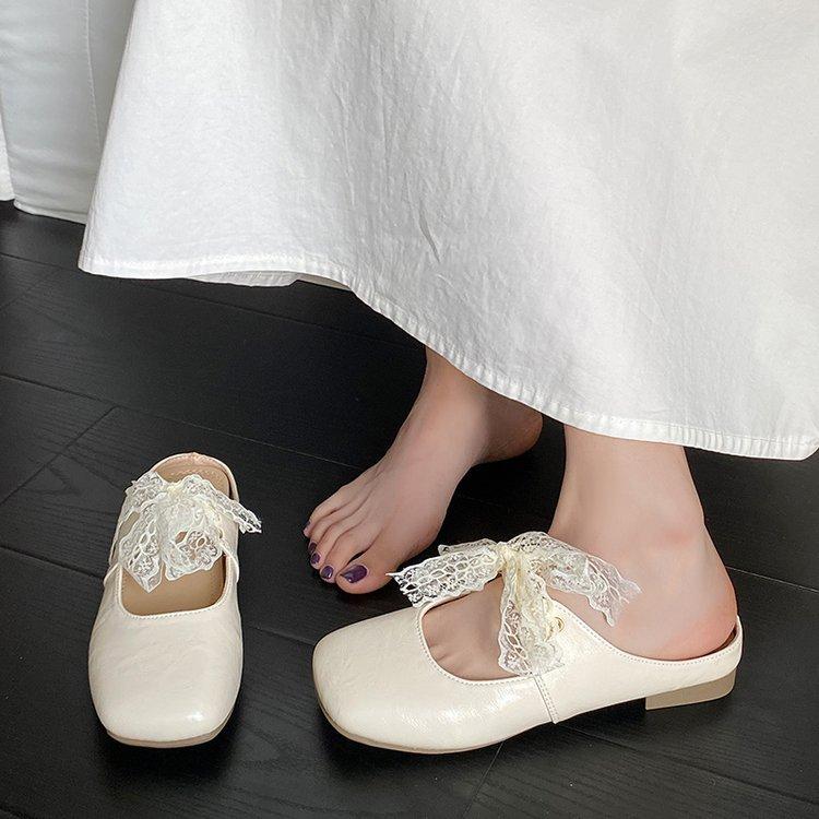 Lace Bow Outer Wear Half Slippers Women's Spring and Summer New Silver Thick Heel Soft Leather Shoes Bag Head Slippers