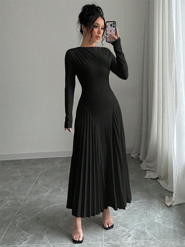 Herbst Winter Einfarbiges Strickkleid Damen O-Ausschnitt Langarm Plissiert Bürokleider Elegant Slim Robe Kleid