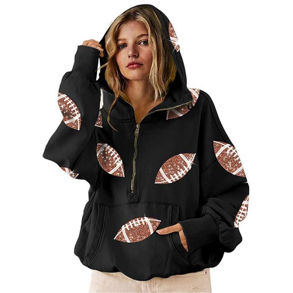 Women's Sports Shirt With Soccer Sequins And Pockets Long Sleeved Half Zip Hooded Top