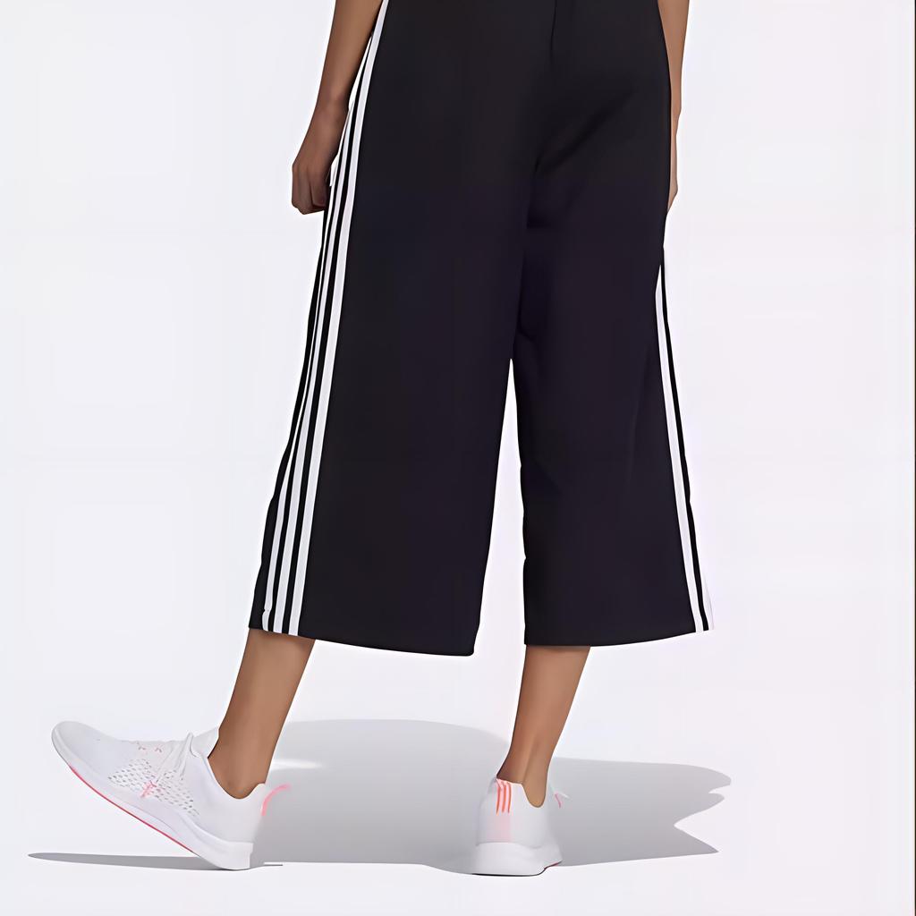 Adidas Color Block Three Stripe Wide Leg Mid Rise Loose Fit Cropped Casual Pants Women Bottoms Black H45101
