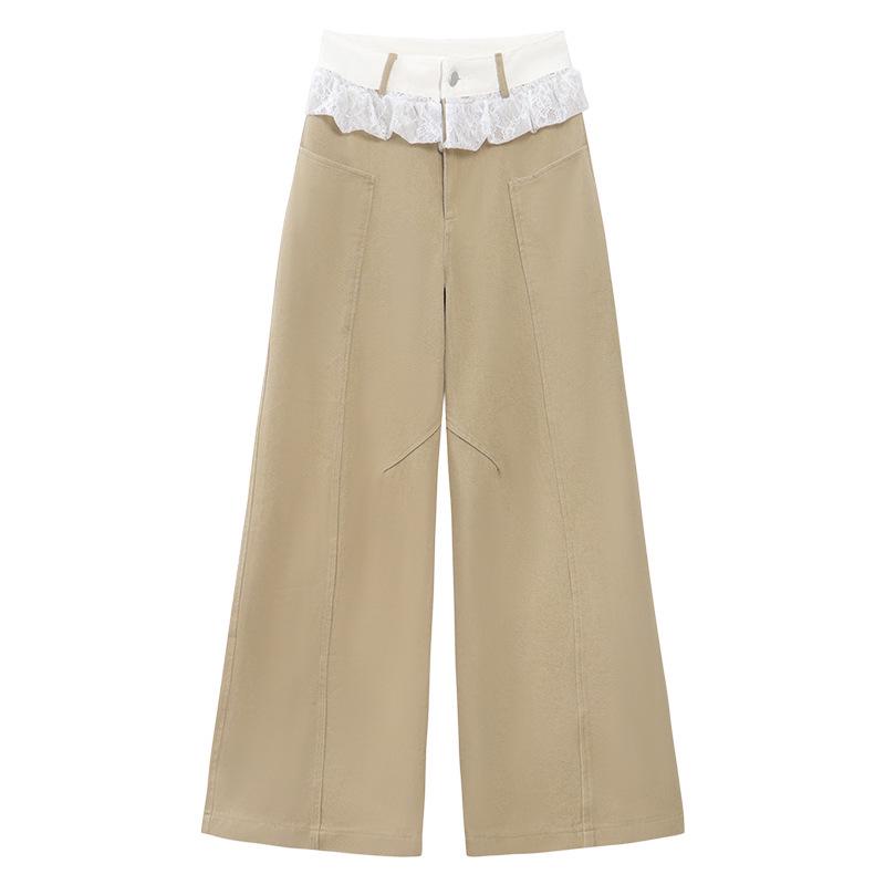 Khaki High-Waisted Wide-Leg Denim Pants with Lace Trim – 2025 Summer Designer Style for Women 2XL