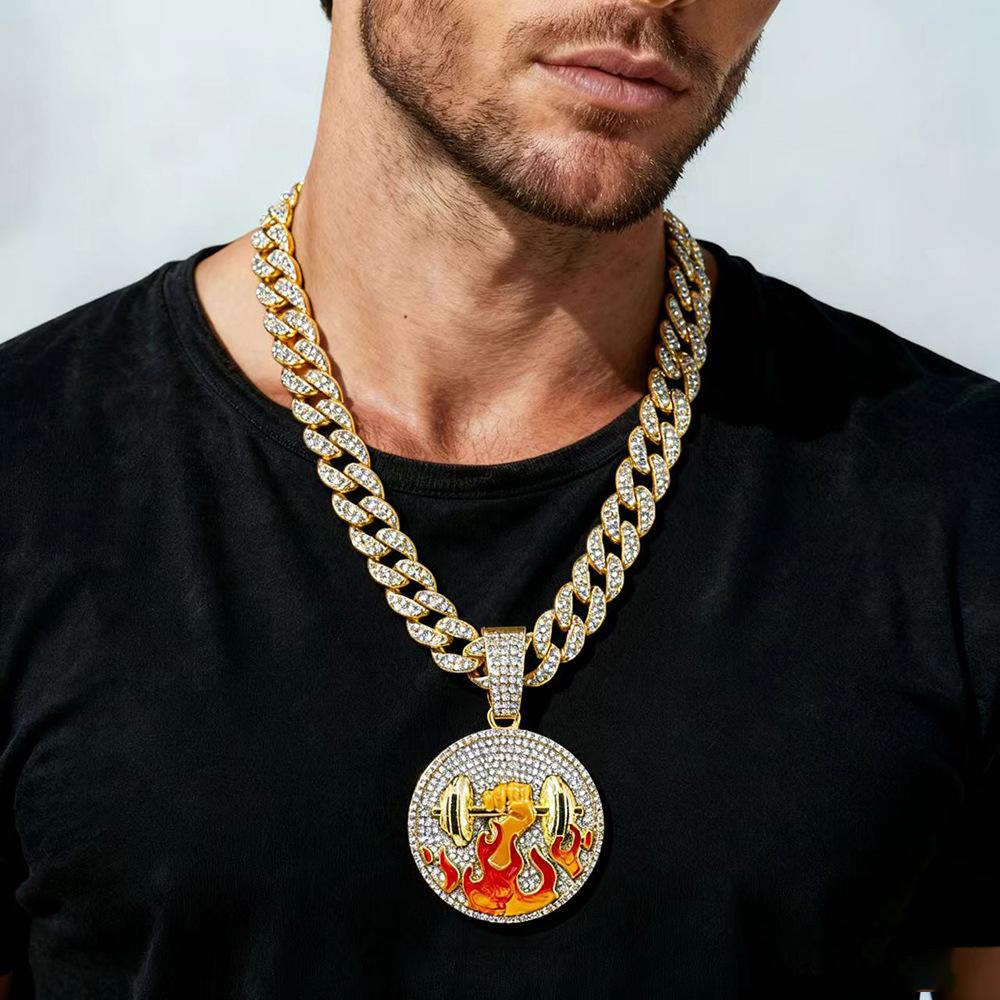Fire and Dumbbell Fashion European and American Hip Hop Pendant As A Symbol of Power for Men's Trendy Brand Accessories