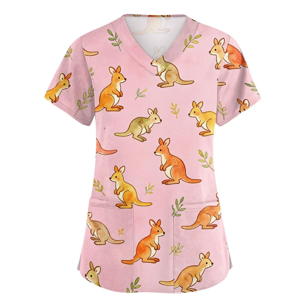 Damen V-Ausschnitt Kurzarm Arbeits-Top mit Taschen Tierprint Medizinisches Kasack-Shirt für medizinisches Fachpersonal Bequeme Passform Strapazierfähiges Gewebe
