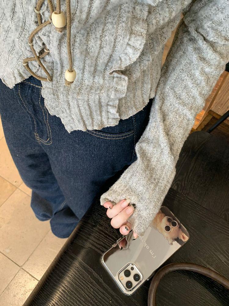 Women's Retro Tie-Up Design Long-Sleeve Textured Cropped T-Shirt for Autumn/Winter