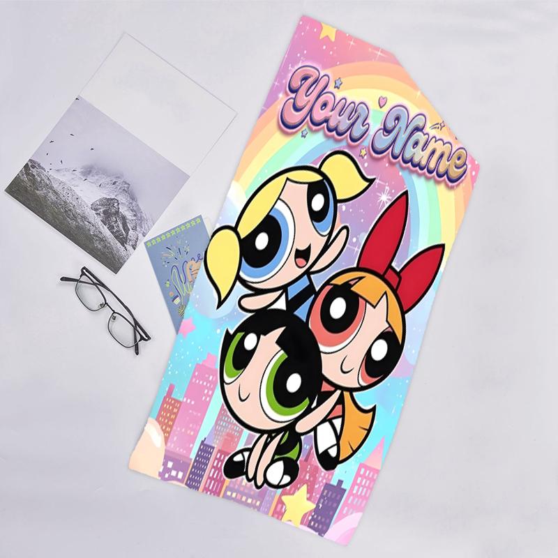 1pc Powerpuff Beach Towel with Custom Name, Beach and Seaside Swimming Pool Equipment, Fashion Pattern, Rectangular, Travel Essential