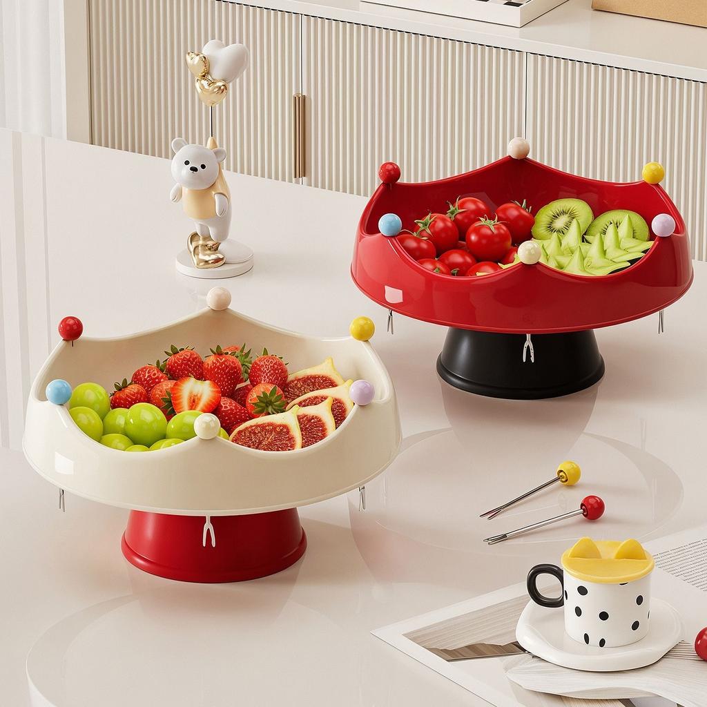 Nordic Round Plastic Fruit Plate, Creative Snack & Dessert Serving Tray with Fruit Fork