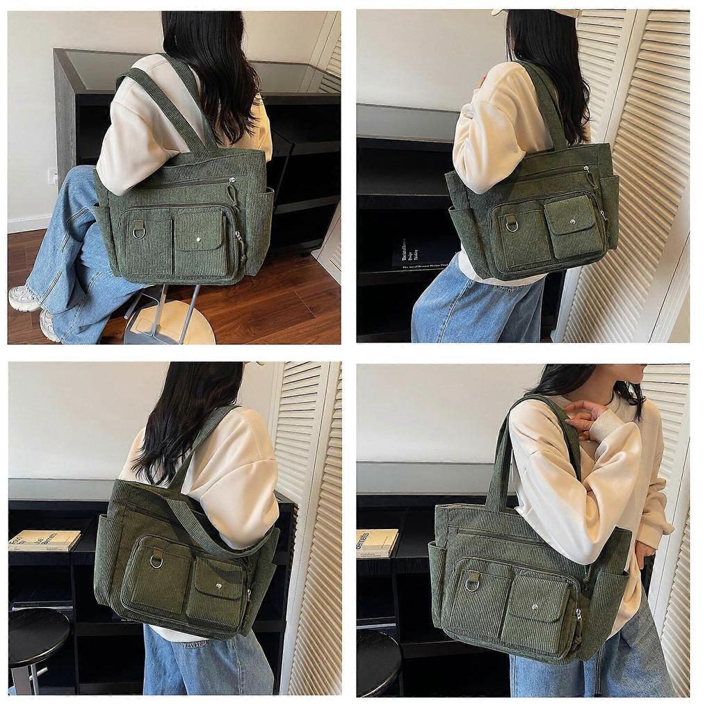 Women’s Corduroy Underarm Handbag Multi Pocket Storage Lightweight Commuters Bag For Office Travel Essential White