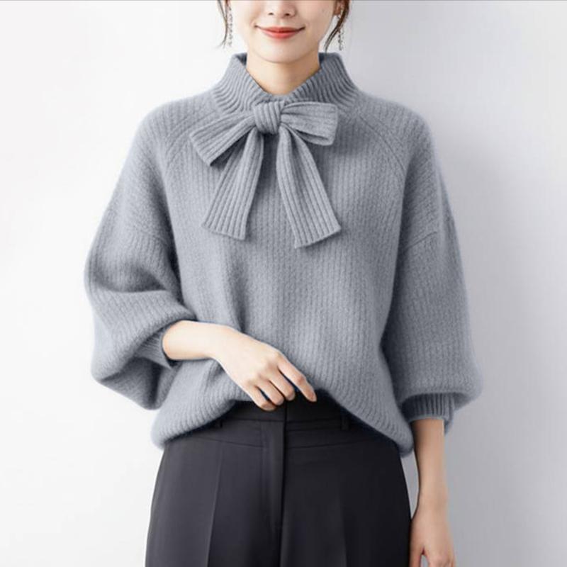 ZANZEA Women Casual Bows Splice Crew Neck Long Sleeve Ribbed Texture Loose Blouse M серый