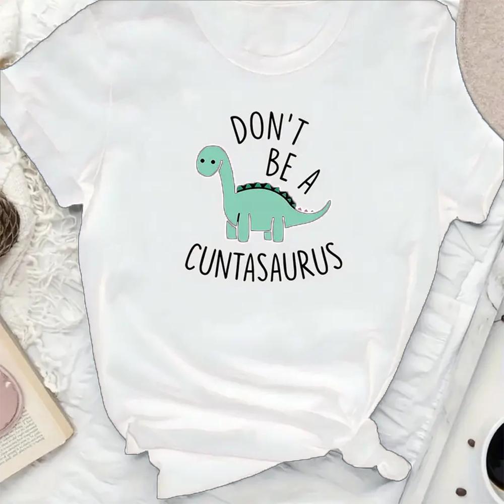Plus Size Casual Tshirt Womens Plus Cute Dinosaur Slogan Print Short Sleeve Round Neck Slight Stretch Tee