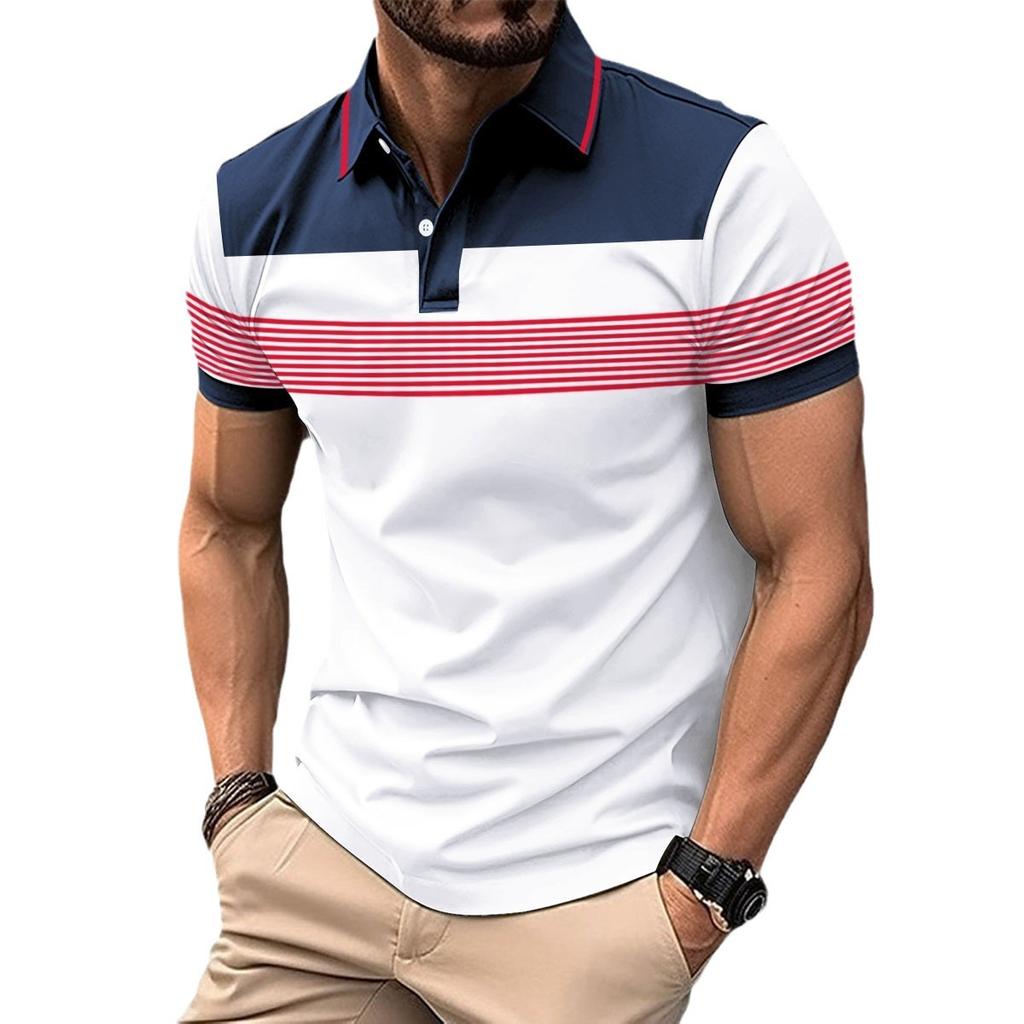 New Men's Fashion Casual Sports Lapel Short-sleeved T-shirt POLO Shirt Colour Blocking Tops