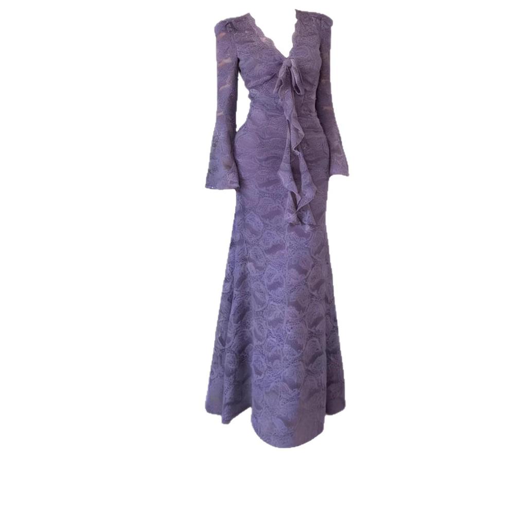 Purple Pure Desire V-neck Lace Bell Sleeve Slim Long Dress 2026