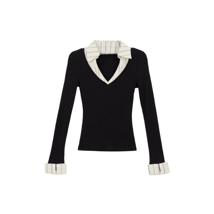 Women's School Style Knit T-Shirt: Peach Heart Design, Fake Two-Piece, Autumn/Winter Fashion