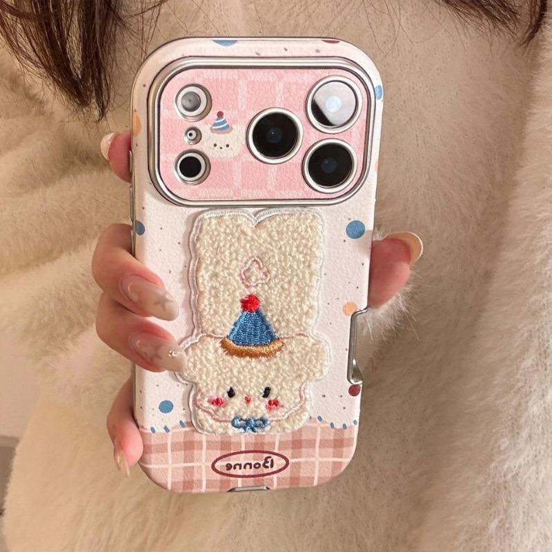 Korean Cartoon Embroidery Plush Animals Leather Texture Phone Case For iPhone 17 13 14 15 16 12 11 Pro Max Shockproof Soft Cover