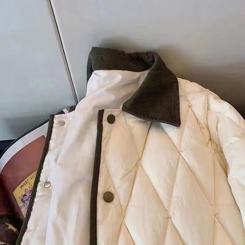 2023 Korean Color Block Diamond Pattern Short Cotton Padded Winter Jacket with Turn-Down Collar