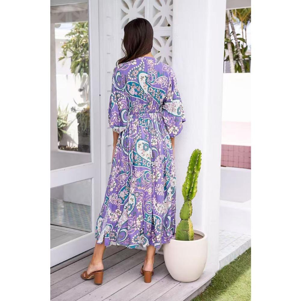 Damenkleider Neue Kleider mit Spitzärmeln Lange V-Ausschnitt-Kleider mit Schlitz Strandurlaubskleider Prinzessinkleider Sexy Kleider