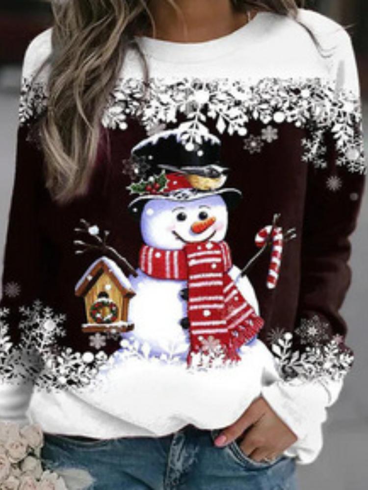 Women's Christmas snowman print long sleeved casual loose T-shirt women