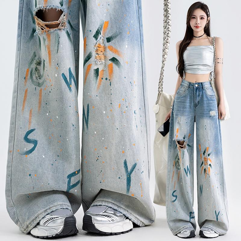 Pantaloni di Jeans a Vita Alta Strappati Gamba Larga Elasticizzati Comodi Street Fashion