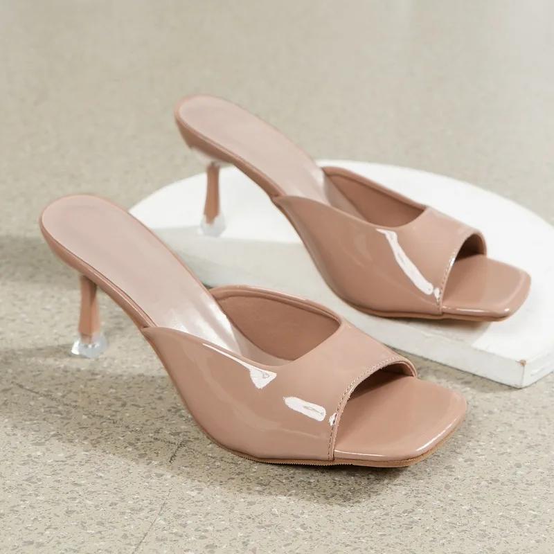 Shoes Female  Summer Solid Women's Slippers Square Toe Open Toe Sexy Dress Party Elegant High Heels Women Slippers