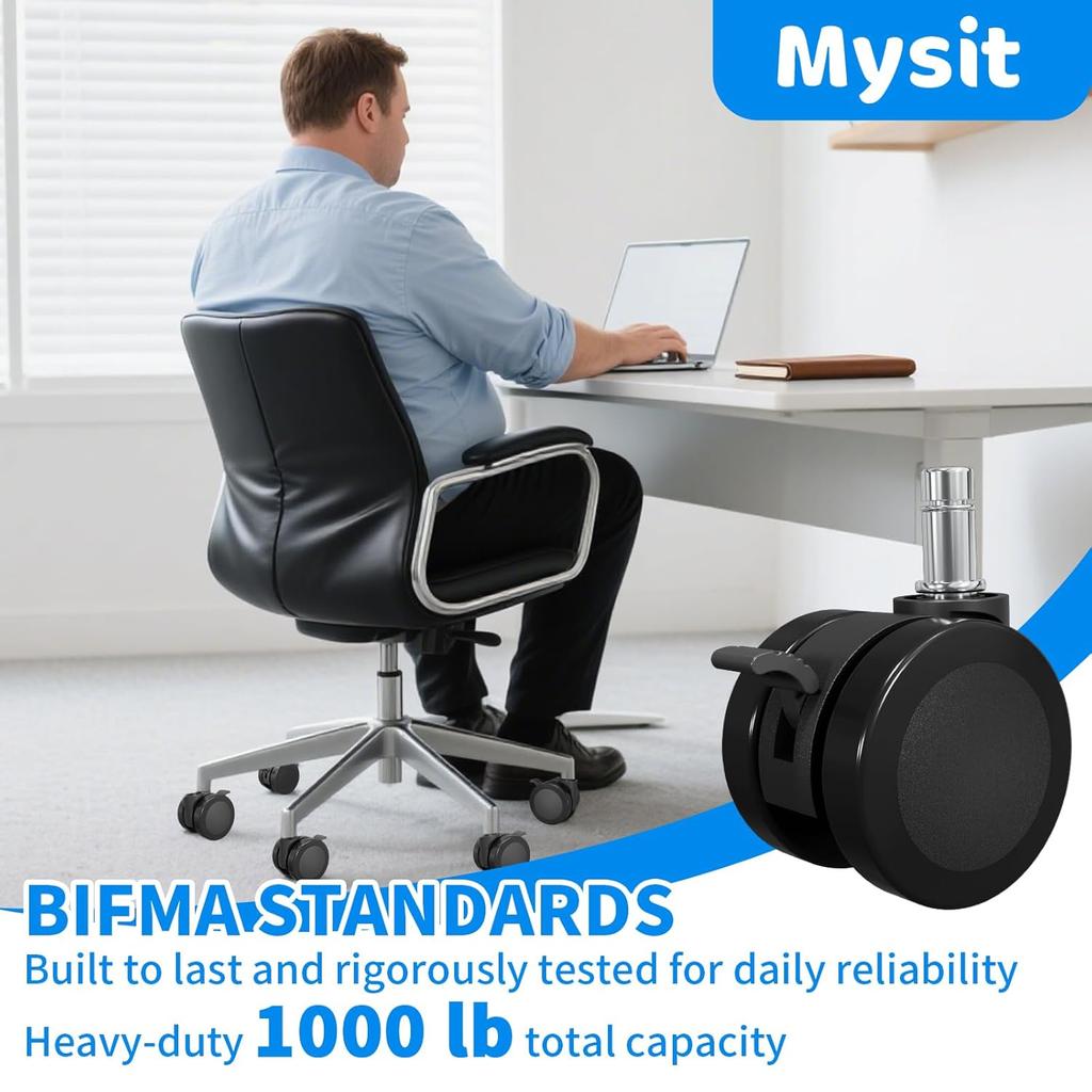 MySit Office Chair or Stool Caster Wheels with Brake 11x22mm Replacement Heavy Duty Easy tallation Universal Fit Mute PU Casters for Hardwood Floors