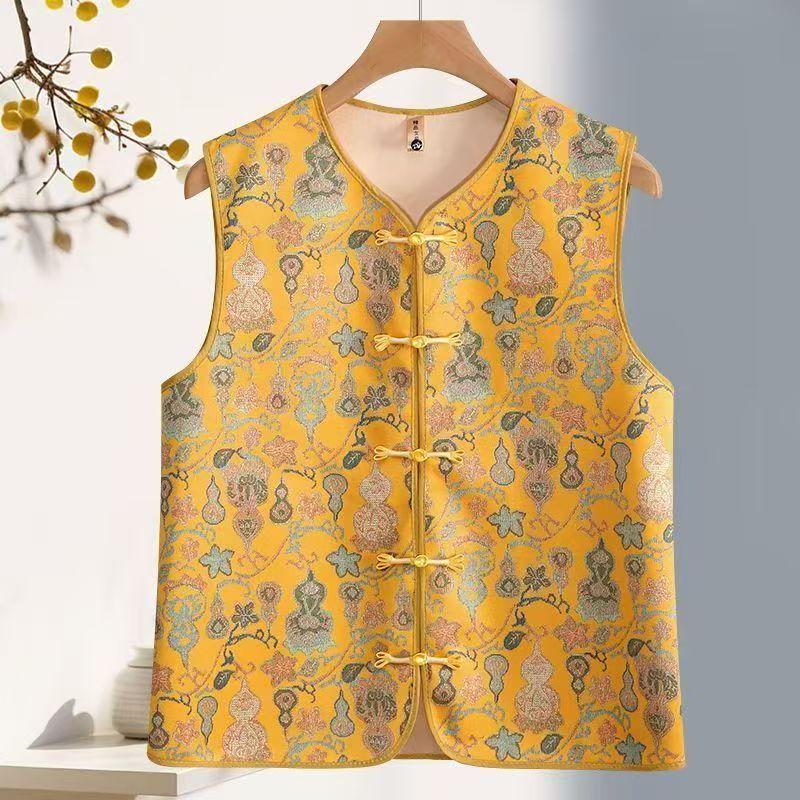 National Style Spring and Autumn Vest Fashion All-match Retro Disc Buckle New Chinese Style Blouse Jacquard Round Neck Waistcoat Women