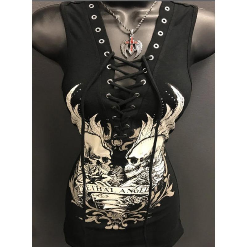 

Женская модная футболка с принтом черепа и завязкой на шее L чёрный