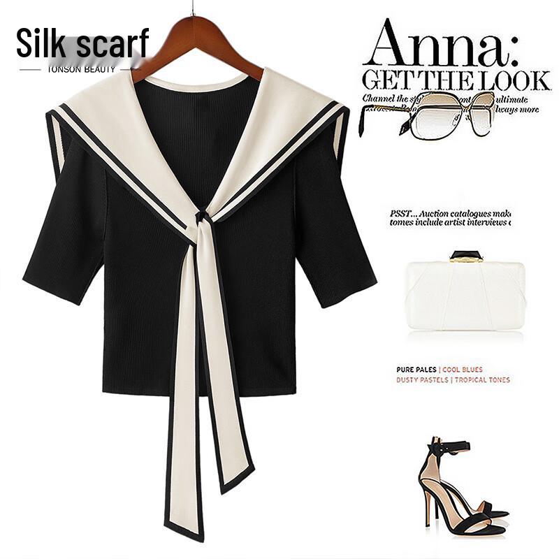 Женский трикотажный топ с коротким рукавом и контрастным воротником-матроска M