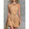 Summer Women's Clothing Halter Deep V Neck Tie Waist Casual Short Slim Fit Dress