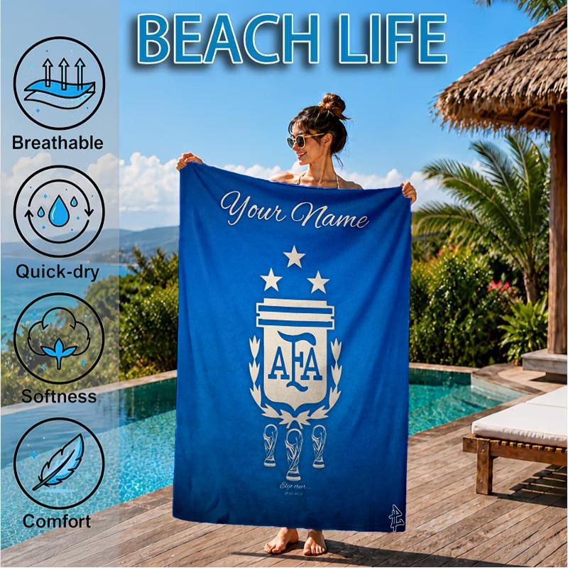 Custom Name Beach Towel Argentina Football Crest Soft and Quick-drying Beach Towel, Suitable for Travel, Swimming Pool, Gym, Yoga, Gifts