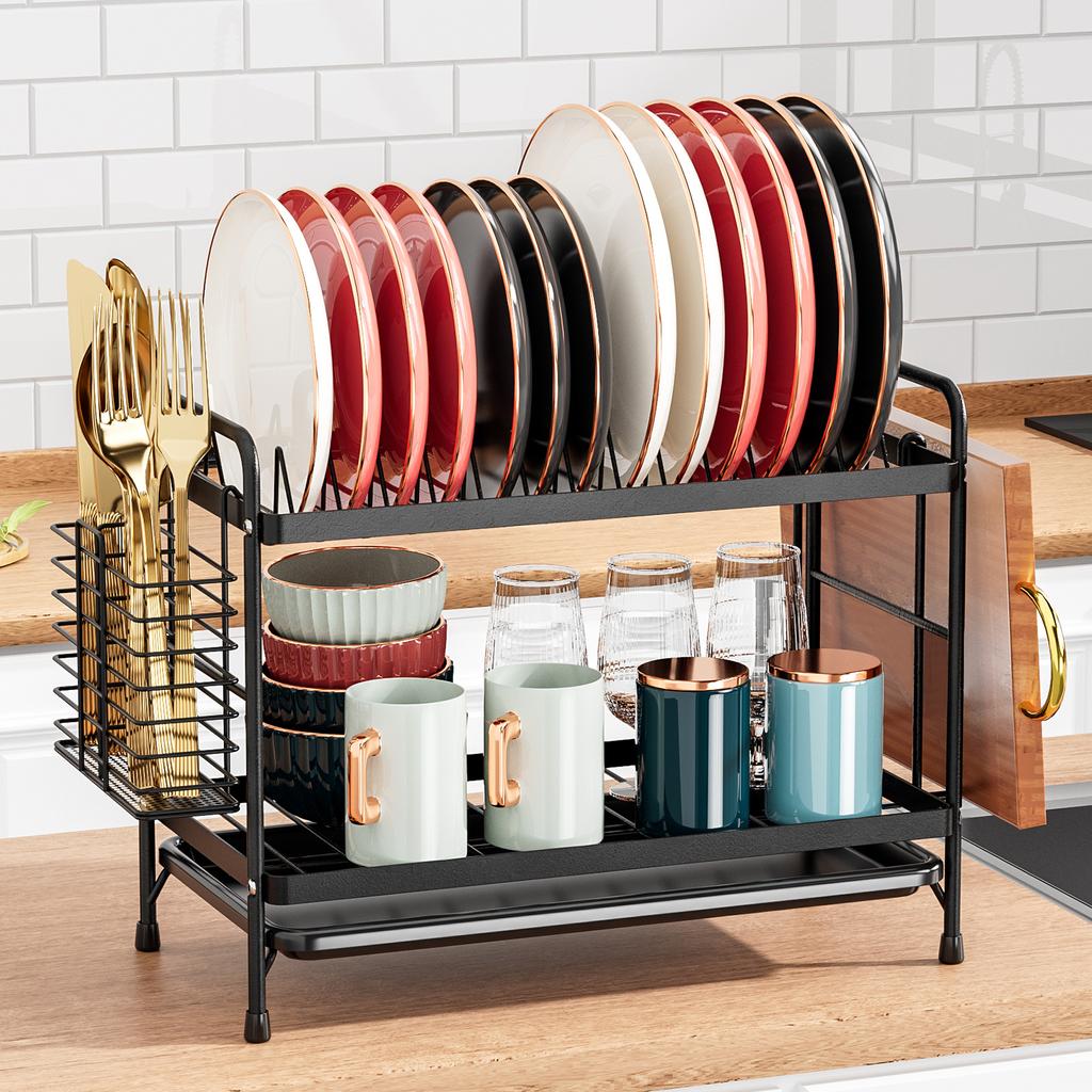 Dish Drying Rack - Dish Rack for Kitchen Counter, 2-Tier Kitchen Organizers and Storage Rack with Drainboard and Cutlery Holder
