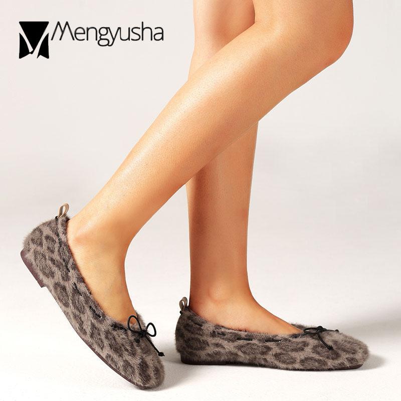 Leopard Fur flats woman bow-knot square toe furry loafers ladies winter plush shoes slip on fleeces moccasins large size 35-42