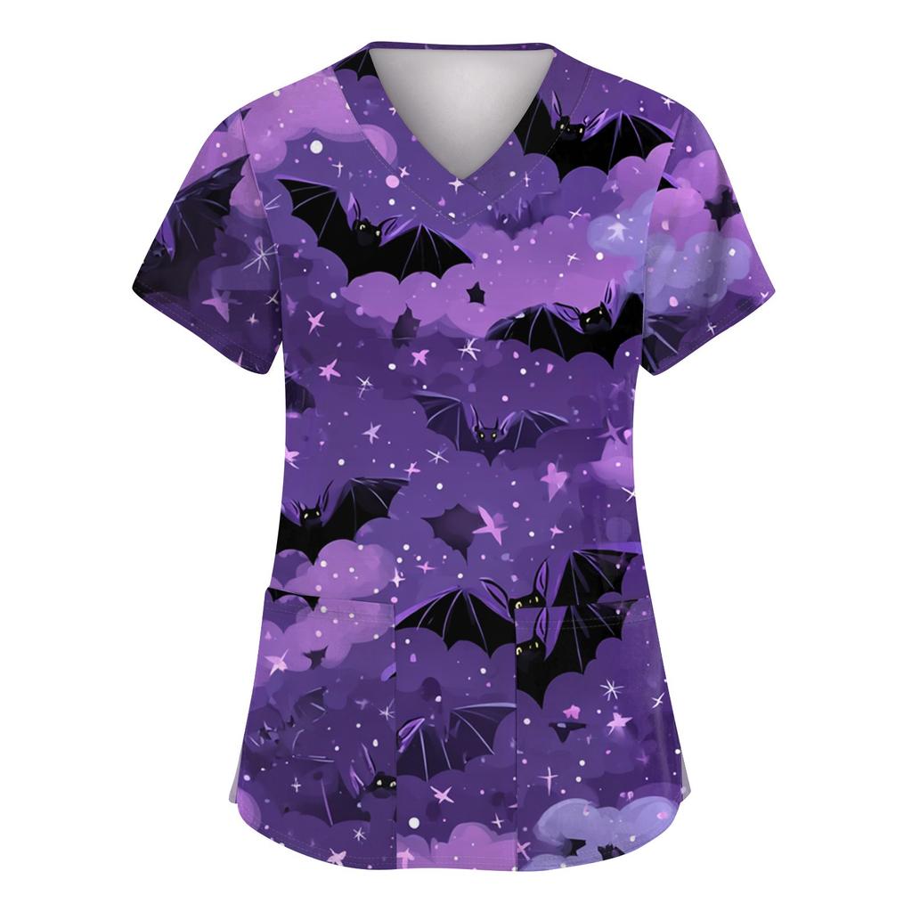 Women's Fashion Short Sleeve Halloween Printed V-Neck Pocket Workwear Tops