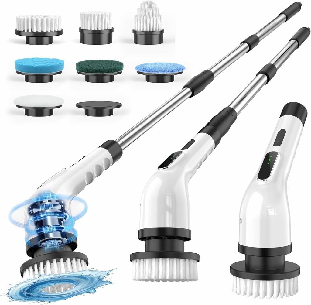 Cordless Cleaning Brush Scrubber for Home, 8 Replaceable Brush Heads, 3 Adjustable Size, 2 Speeds for Ba