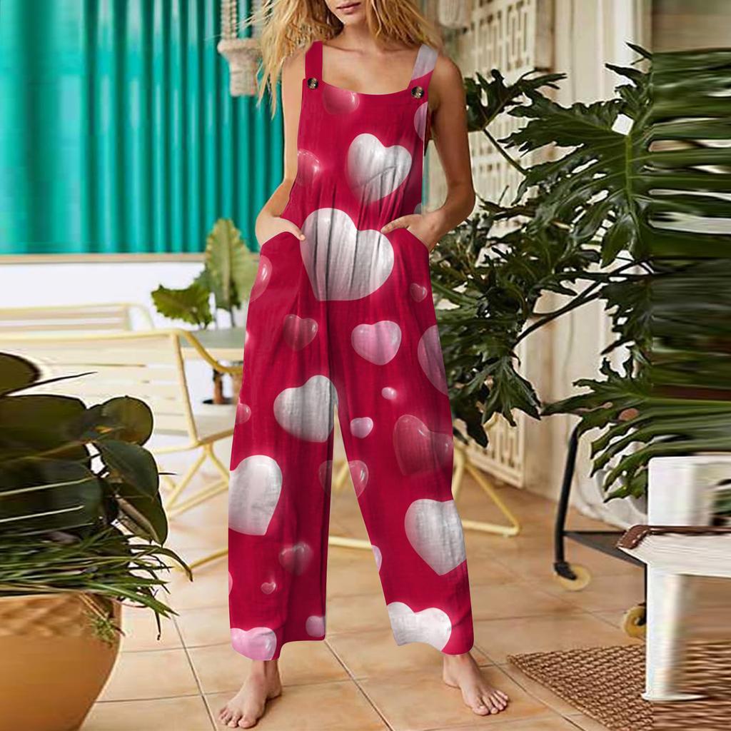 Lässiger, ärmelloser Damen-Jumpsuit mit Valentinstags-Print, Baumwoll-Romper