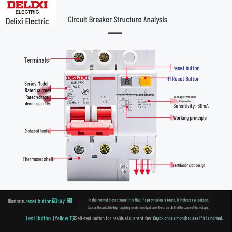 Delixi DZ47sLE Air Switch Circuit Breaker with Leakage Protection (1-4P, Single/Three-Phase, N)