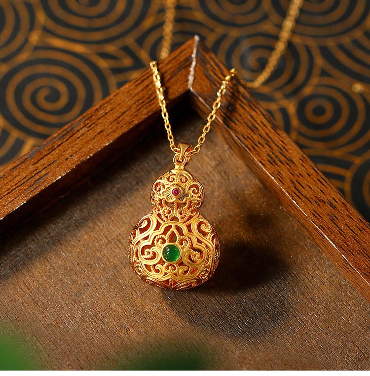 Chinese Style Gold-Plated Jade Imitation Necklace with Ruyi and Auspicious Cloud Design