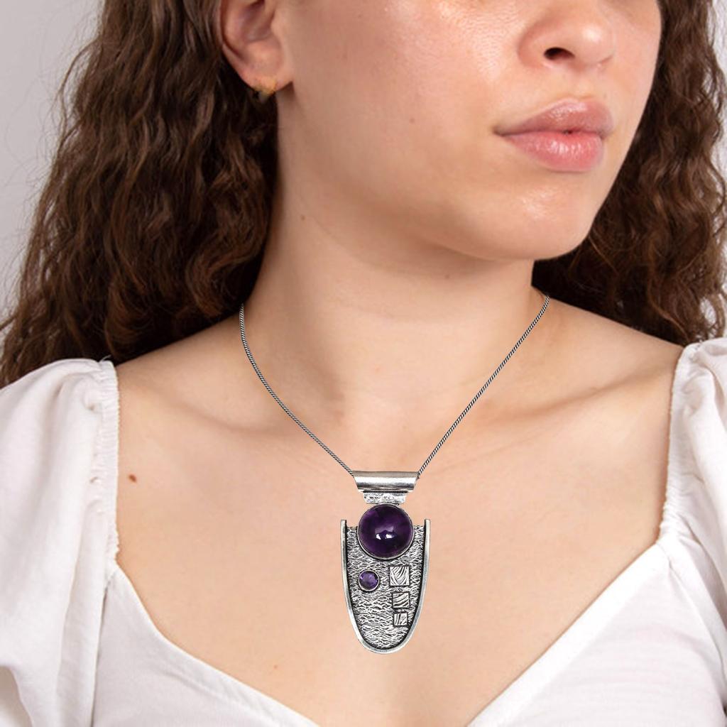 Colier din argint, ametist, bijuterii cadou, pandantiv lucrat manual de 45 cm