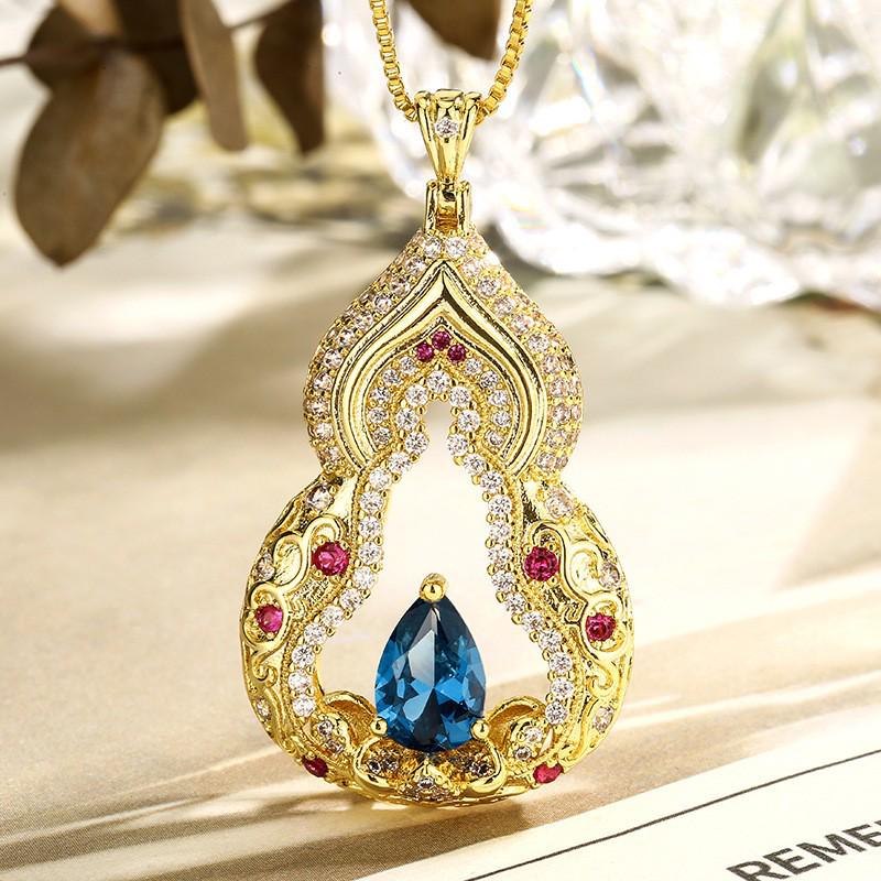Exquisite Full Diamond Gourd Lotus Necklace with Carved Patterns and Gemstone Accents - New Chinese Style for Women