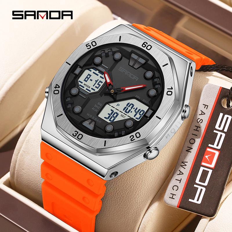Sanda Men's Trendy Dual Display Casual Watch - Waterproof, Luminous, Octagonal Design with Countdown & Snooze Functions.